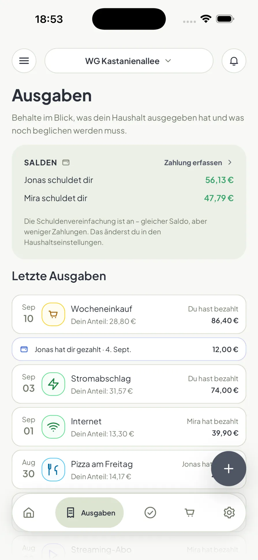 Geteilte Ausgaben in Homio, mit dem Saldo jeder Person und wer wem was schuldet