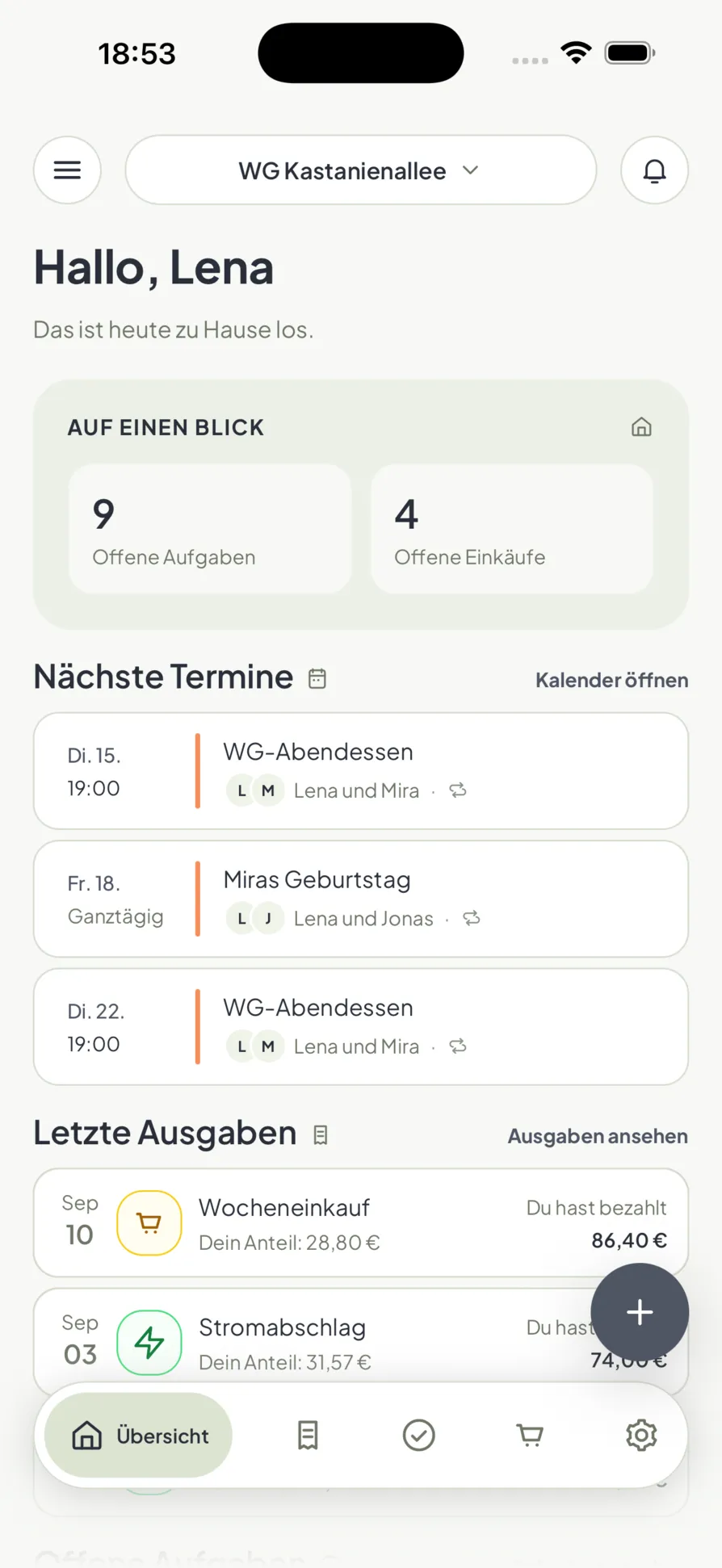 Die Haushaltsübersicht in Homio: offene Aufgaben, anstehende Termine und aktuelle Ausgaben auf einem Bildschirm