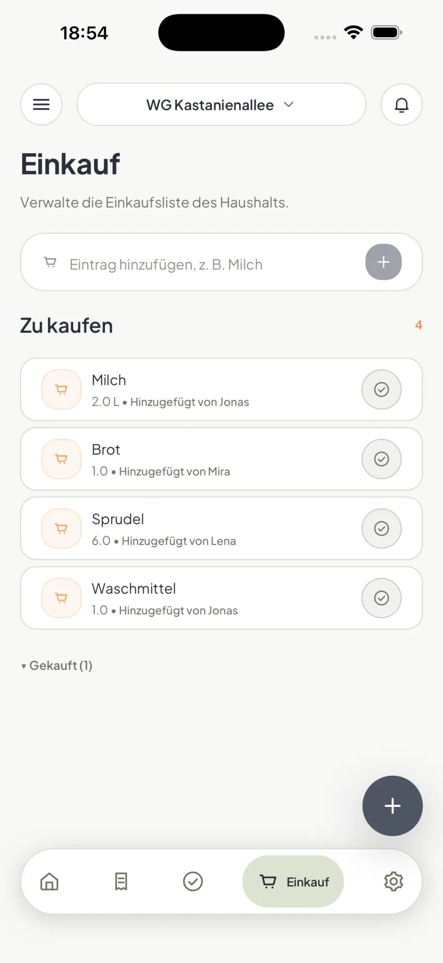 Die gemeinsame Einkaufsliste in Homio, mit der Angabe, wer was hinzugefügt hat
