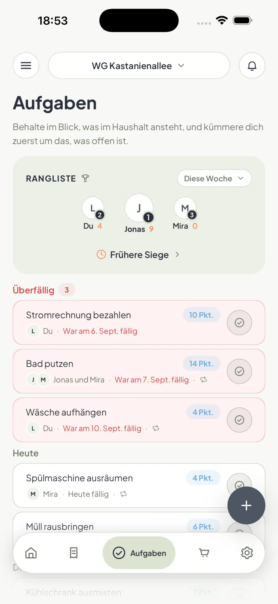Die Aufgaben im Haushalt in Homio, mit Punkten und dem Wochenranking