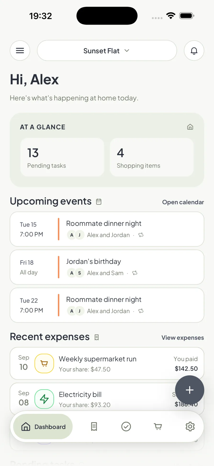 The Homio household dashboard: pending tasks, upcoming events and recent expenses on one screen
