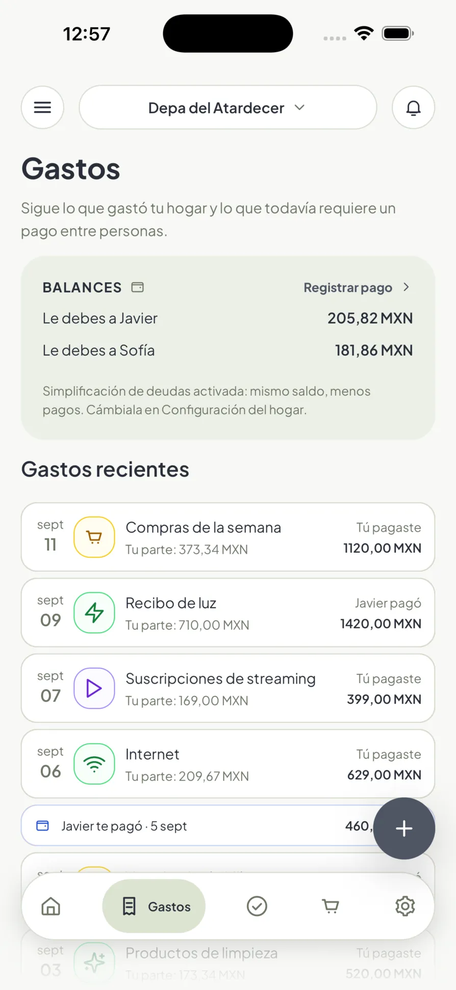 Gastos compartidos en Homio, con el saldo de cada persona y quién le debe a quién