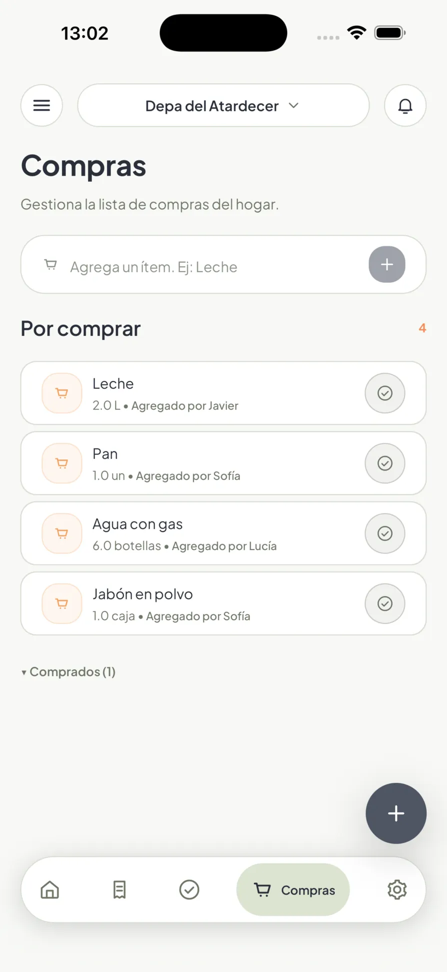 La lista de compras compartida en Homio, con quién agregó cada cosa