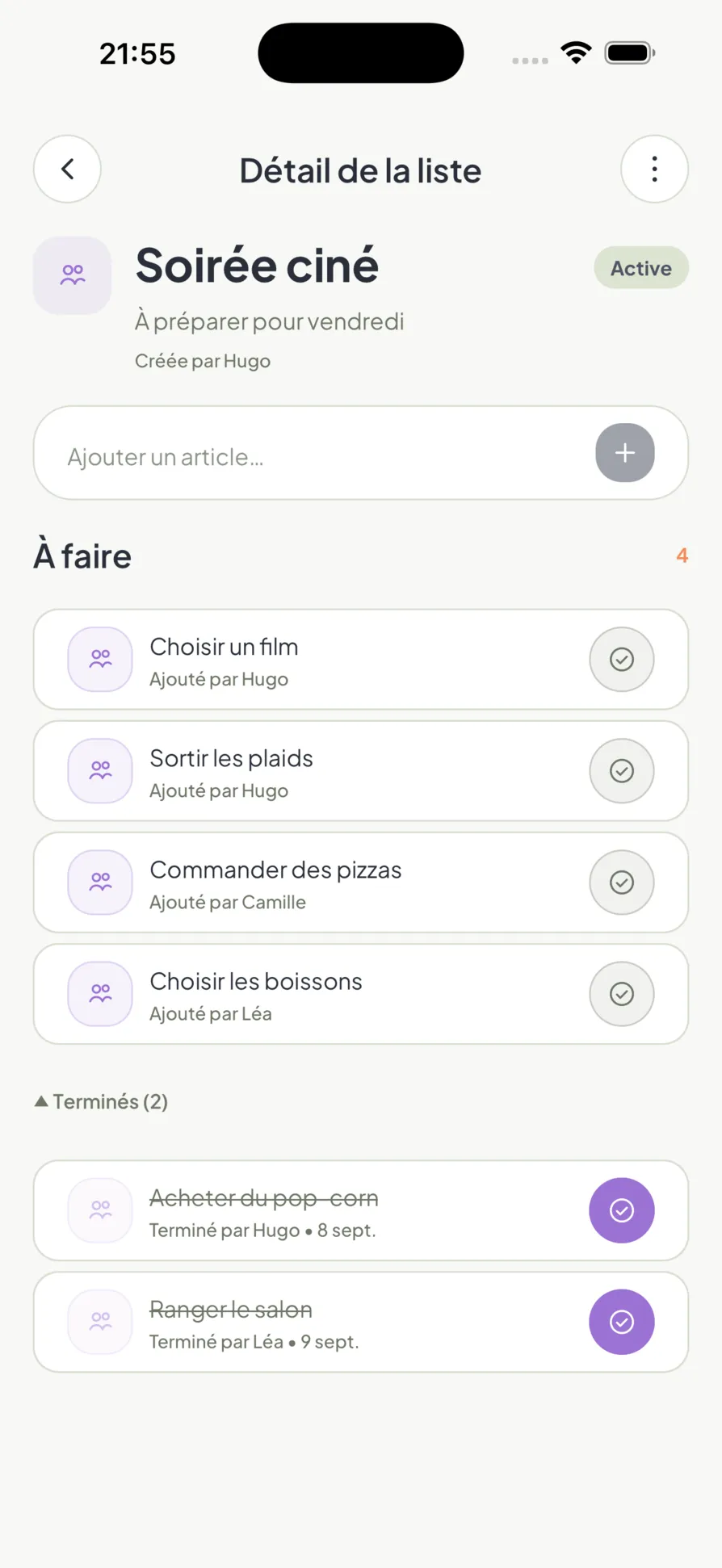 Une liste partagée dans Homio, avec les articles en attente et terminés
