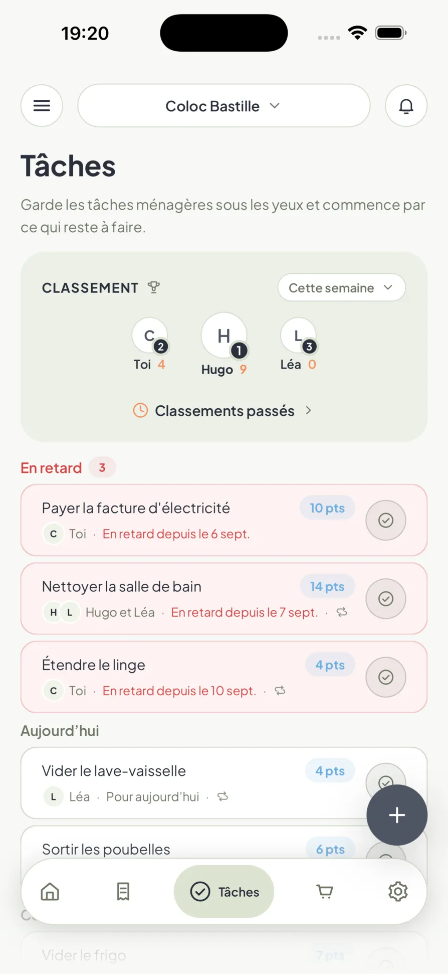 Les tâches du foyer dans Homio, avec les points et le classement de la semaine