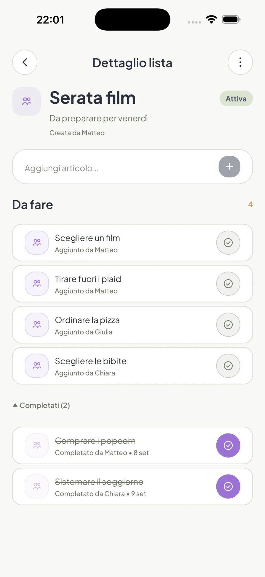 Una lista condivisa in Homio, con articoli da fare e completati