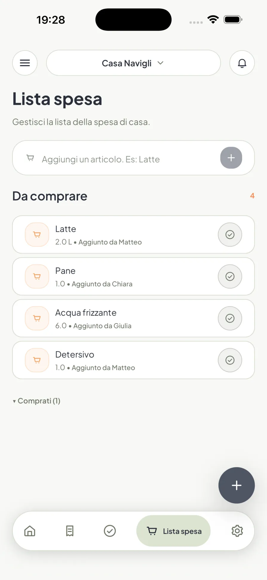 La lista della spesa condivisa in Homio, con chi ha aggiunto ogni cosa