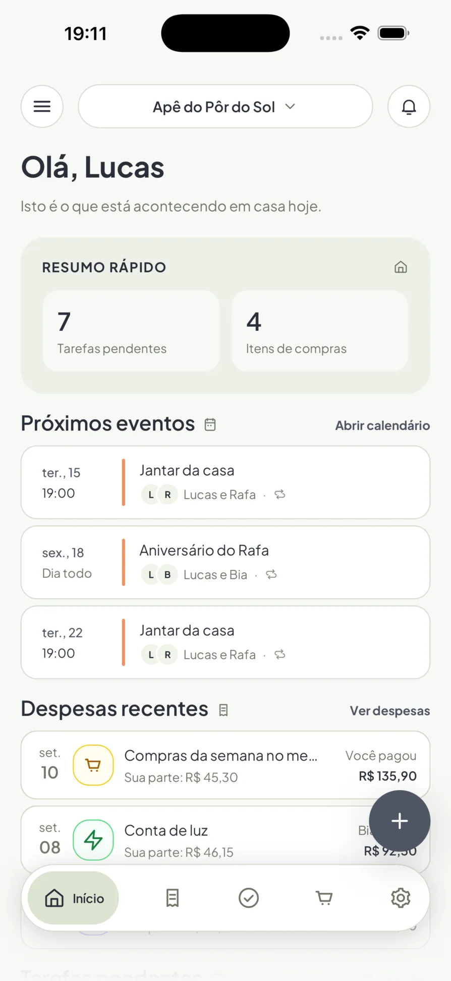O painel do lar no Homio: tarefas pendentes, próximos eventos e despesas recentes em uma só tela
